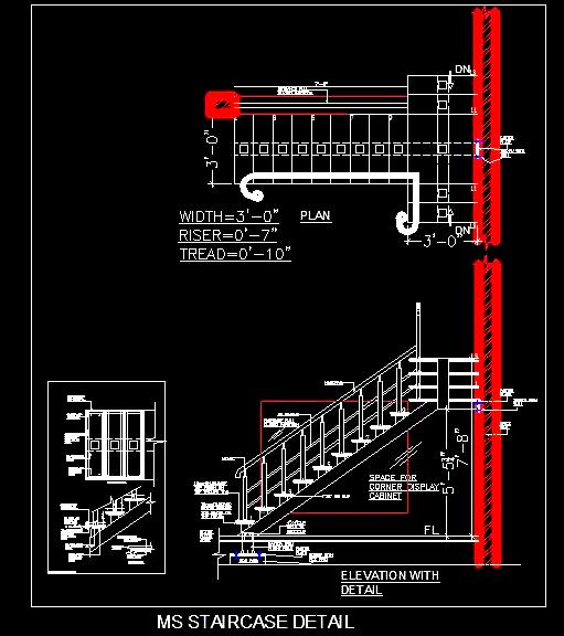 MS Frame Staircase DWG with Stone Steps and Steel Railing